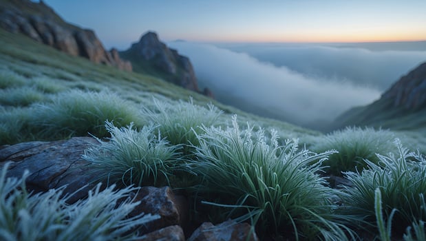Frost-covered grass on a mountain slope at dawn, with mist rolling over distant peaks photo
