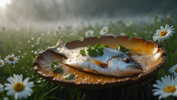 Freshly caught fish presented on a wooden platter surrounded by daisies in a misty morning field photo