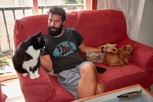Special bond between a young adult with a beard, his black cat with a white chest, and his faithful ginger dog photo