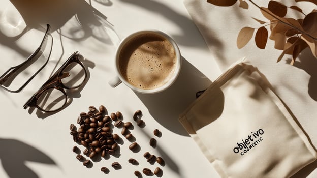 Coffee, eyeglasses, and reusable coffee pouches on a white surface, illuminated by sunlight photo