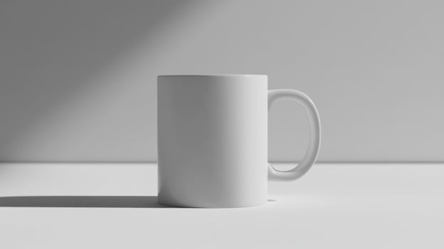 Empty white mug on a white surface, bathed in light photo