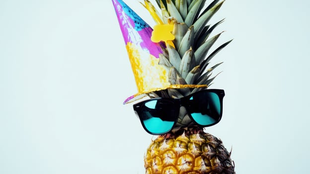 a pineapple with a party hat and sunglasses photo