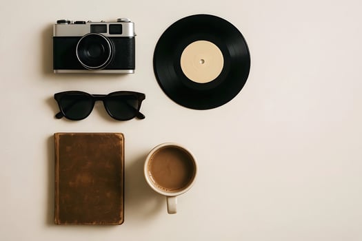 Flat Lay of Retro Camera Vinyl Record Sunglasses Notebook and Coffee on white Background, Vintage Travel and Music Accessories photo