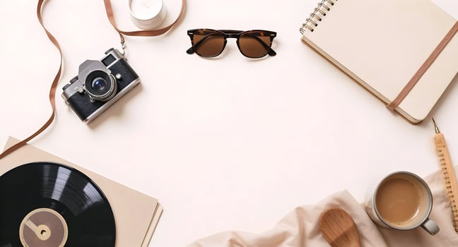Flat Lay of Retro Camera Vinyl Record Sunglasses and Notebook and Coffee on white Background, Vintage Travel and Music Accessories photo