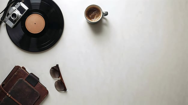 Flat Lay, Retro Camera Vinyl Record Sunglasses Notebook and Coffee on white Background, Vintage Travel and Music Accessories photo
