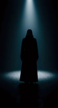 a person in a dark room with a spotlight shining on them photo