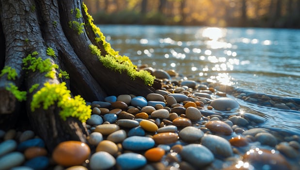 Tranquil riverside scene featuring colorful pebbles and moss-covered tree roots under soft sunlight photo