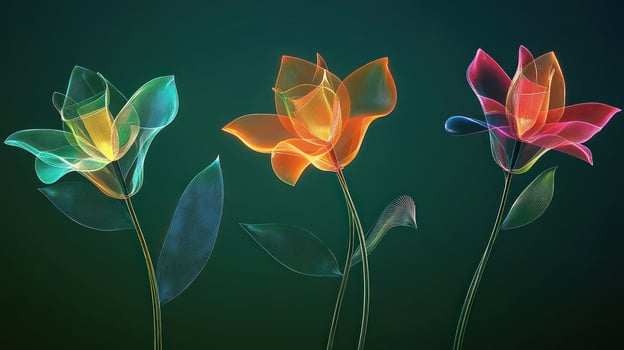 Three translucent, glowing flowers on dark background photo