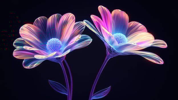 Two glowing, translucent flowers against a black background photo