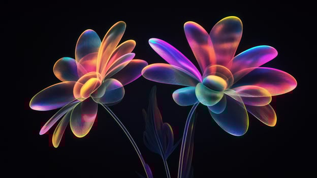 Two glowing, translucent flowers on a black background photo