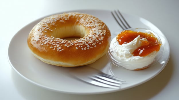 A bagel with apricot jam and cream cheese photo