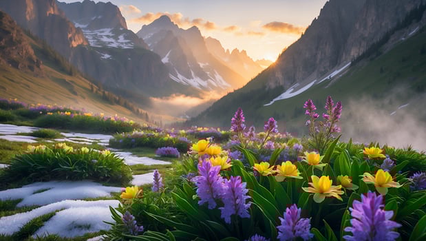 Vibrant wildflowers bloom in a serene mountain valley at sunset, with mist rolling through the peaks photo