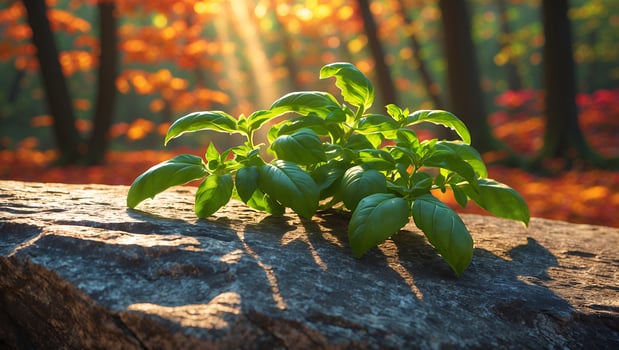Fresh basil plant growing on a rustic log in a vibrant autumn forest with sunlight filtering through trees photo