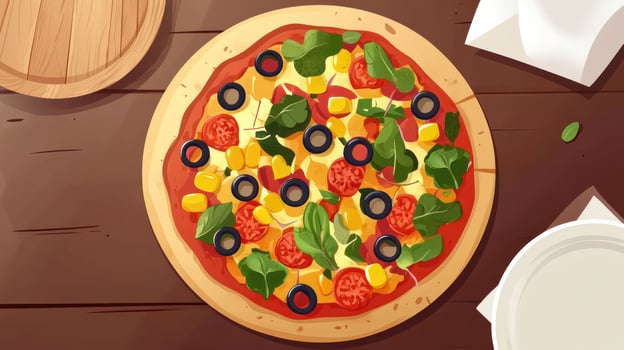 Pizza on a wooden table, overhead view photo