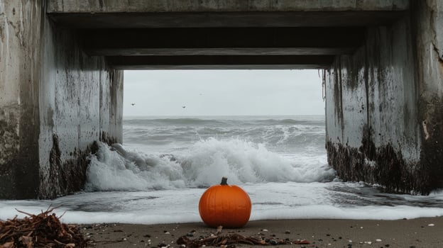 Orange pumpkin on beach, under pier photo