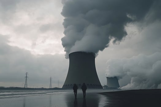 Two people walking on the beach near a nuclear power plant photo