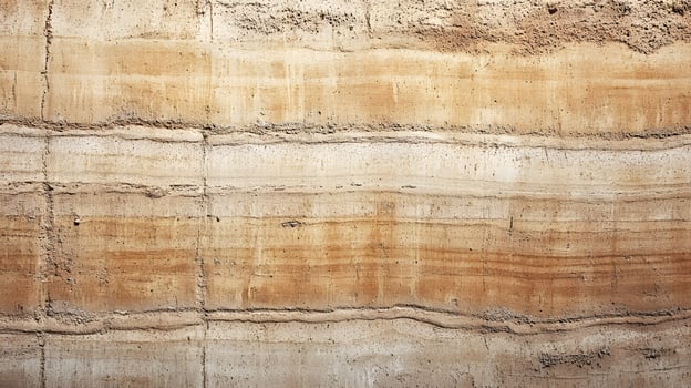 Exposed layered soil strata shows distinct geological layers and patterns of sedimentation over time period. photo