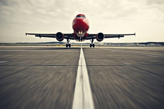 A red airplane is taking off from the runway photo