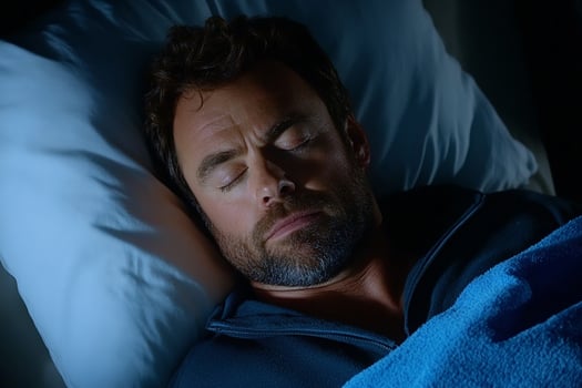 A man sleeping in bed with a blue blanket photo