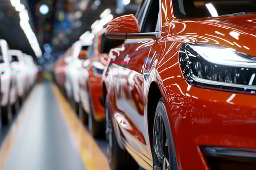 A row of cars on the assembly line in an auto factory photo