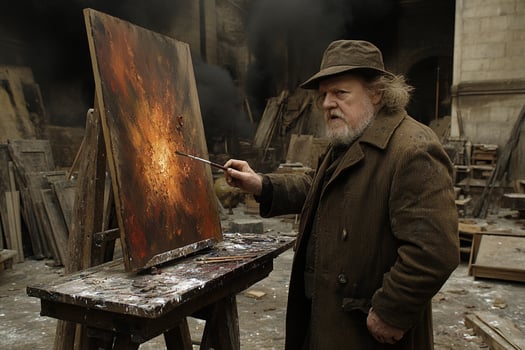 A man is painting a painting in an old building photo