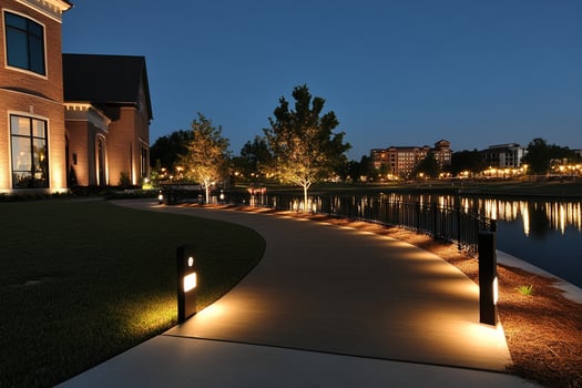 A walkway lit up at night with lights on the side photo