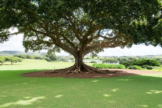 A large tree on a green field with grass photo