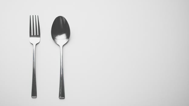 Two utensils, fork and spoon, on a white surface photo