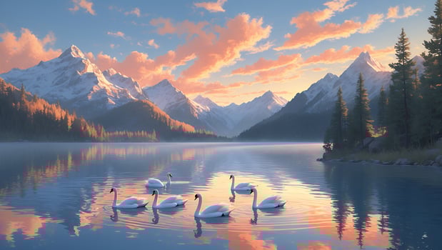 Serene lake scene at sunset with swans gliding peacefully amidst majestic mountains and colorful skies photo
