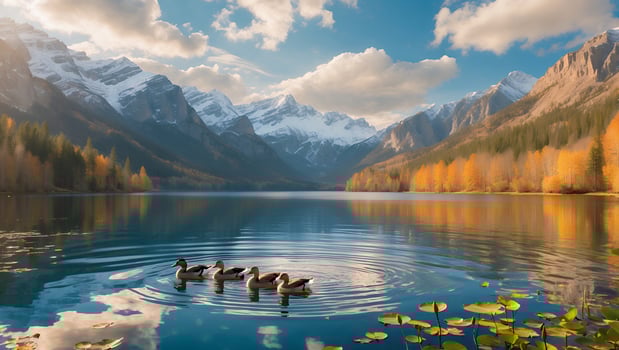 Serene lake with ducks swimming amidst autumn foliage and majestic mountains in the background photo