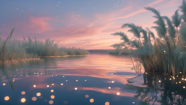 Serene sunset over a tranquil lake surrounded by tall grasses, with glowing lights reflecting on water photo