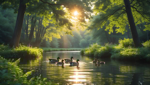 Serene morning scene with ducks swimming in a tranquil forest pond illuminated by soft sunlight photo