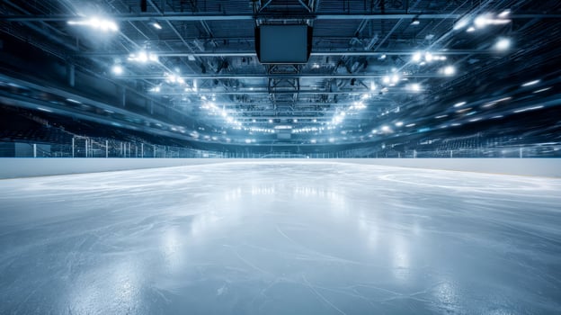 Empty hockey rink with bright overhead lighting, smooth ice surface photo
