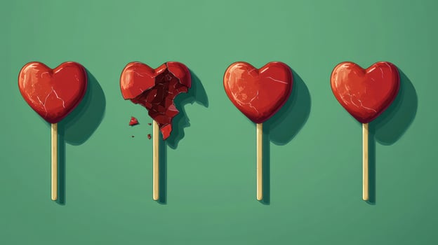Broken heart lollipops on a green background photo