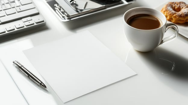 Crisp white office desk with paperwork, coffee, and pastry photo