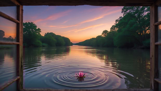 Serene sunset view from a wooden window overlooking a tranquil river with a blooming lotus flower photo