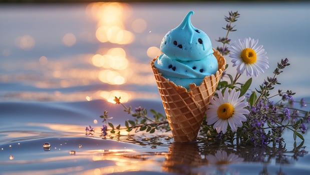 A vibrant blue ice cream cone sits atop a calm water surface, surrounded by wildflowers at sunset photo