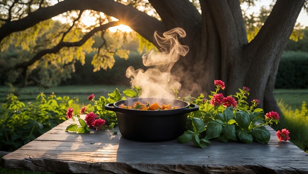 A pot of food on a table with a tree in the background photo