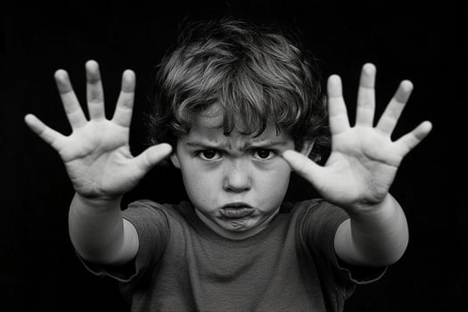 A young boy with his hands up in front of him photo