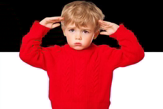 A young boy is holding his hands to his ears photo