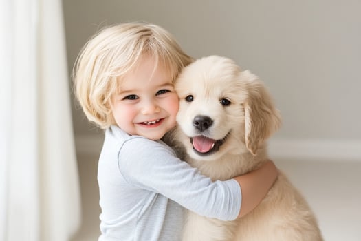 A young girl is hugging a golden retriever photo