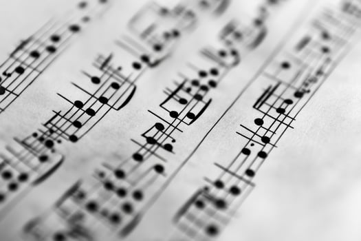 A close up of sheet music with notes photo