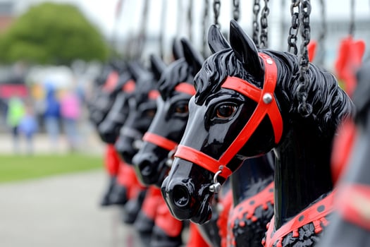A row of black and red horses photo