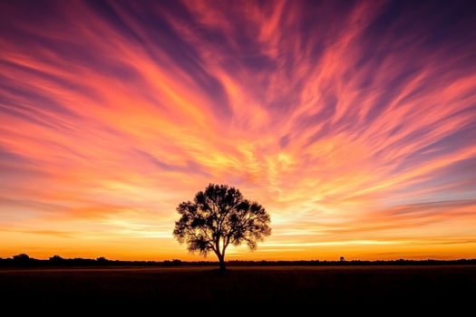 A lone tree stands in a field at sunset photo