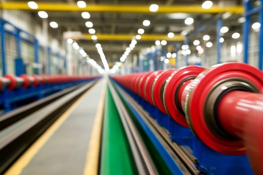A long line of red and blue pipes in a factory photo