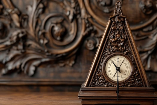 A wooden clock sitting on a table in front of a wall photo