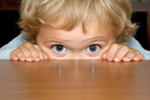 A young child peeking over a table photo