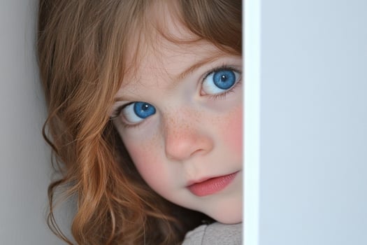 A young girl with blue eyes looking out from behind a white wall photo