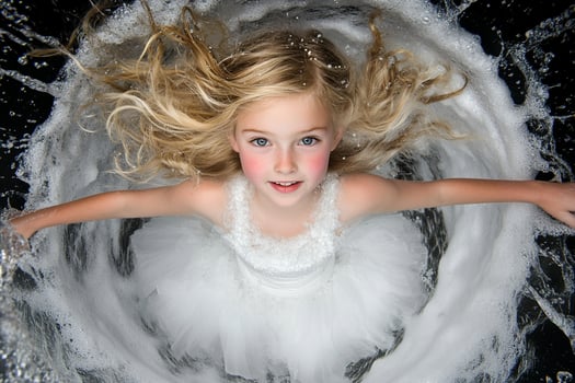 A young girl in a white dress floating in a pool of water photo