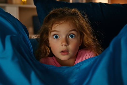 A young girl peeking out from under a blue blanket photo